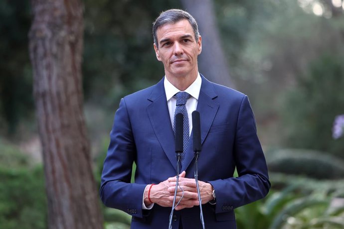 O Presidente do Governo, Pedro Sánchez, dá uma coletiva de imprensa após uma reunião com o Rei Felipe VI, no Palácio Marivent, em 29 de julho de 2025, em Palma de Mallorca, Ilhas Baleares (Espanha).
