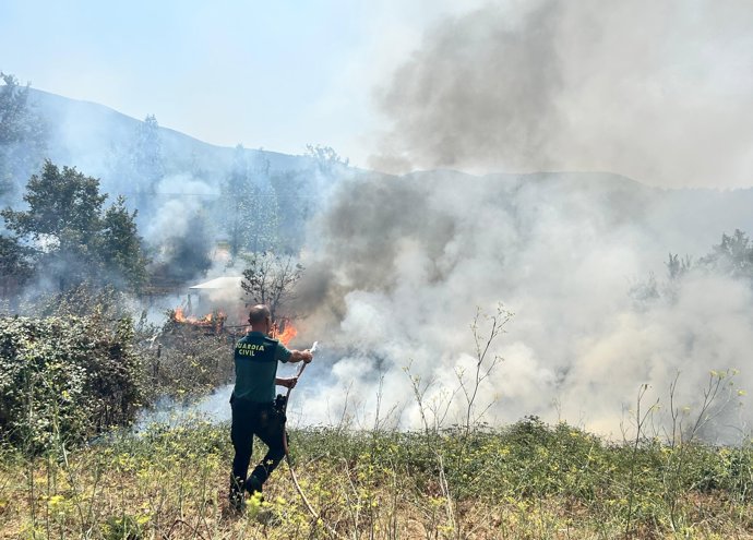 Un guardia civil intenta sofocar el fuego en un municipio afectado por el incendio originado en Yeres (León)