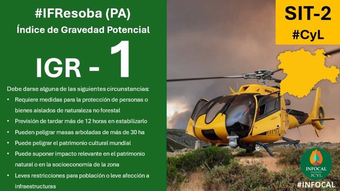 Medios aéreos y terrestres trabajan para sofocar un incendio de gravedad 1 en Resoba (Palencia)