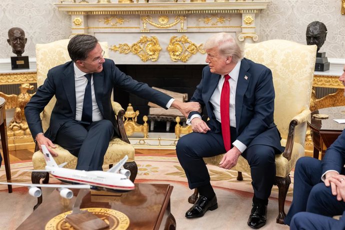 July 14, 2025, Washington, District of Columbia, USA: President Donald Trump meets with NATO Secretary Mark Rutte, Monday, July 14, 2025, in the Oval Office.