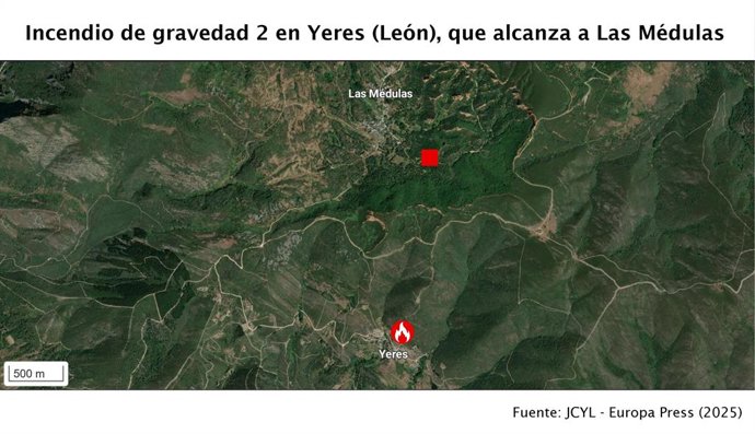 Mapa mostrando o ponto de origem do incêndio em Yeres (León), que já chegou a Las Médulas