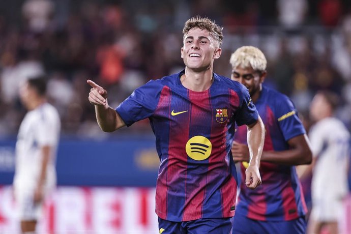Fermin Lopez of FC Barcelona celebrates a goal during the Joan Gamper Trophy, football match played between FC Barcelona and Como 1907 at Johan Cruyff Stadium on August 10, 2025 in Sant Joan Despi, Spain.