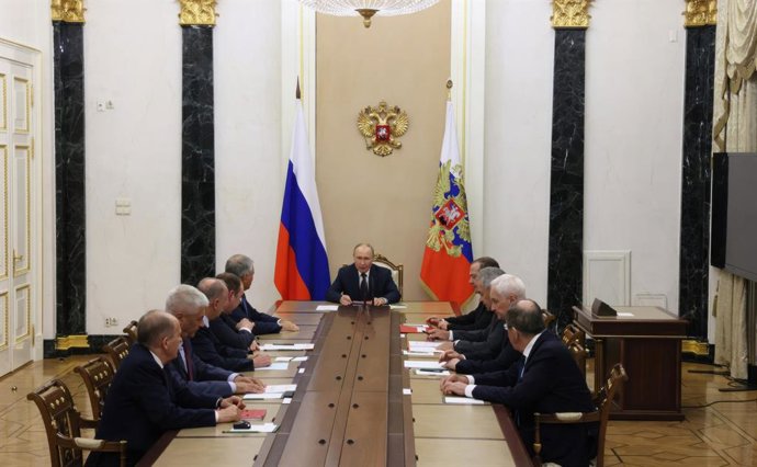 August 8, 2025, Moscow, Moscow Oblast, Russia: Russian President Vladimir Putin chairs a meeting with members of the Security Council at the Kremlin, August 8, 2025 in Moscow, Russia.