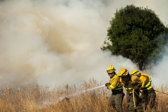 Bombeiros trabalham para extinguir o incêndio, em 10 de agosto de 2025, em Molezuelas de la Carballeda, Zamora (Espanha). A Junta de Castilla y León declarou çIndice de Gravedad Potencial (IGR) 2 em um incêndio originado na cidade de Molezuelas de la Carb