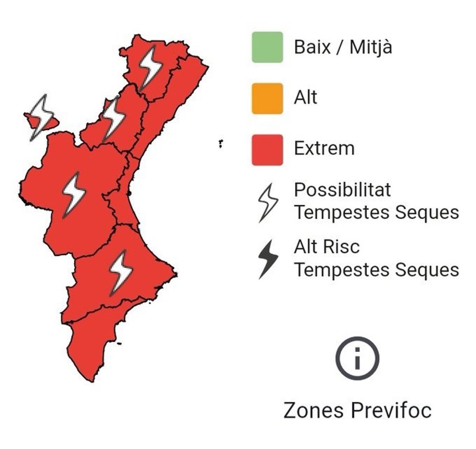 Mapa de riesgo extremo de incendios en la Comunitat Valenciana
