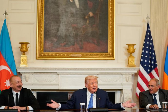 August 8, 2025, Washington, District Of Columbia, USA: Ilham Aliyev, Azerbaijan's president, from left, US President Donald Trump, and Nikol Pashinyan, Armenia's prime minister, during a signing ceremony in the State Dining Room of the White House in Wash