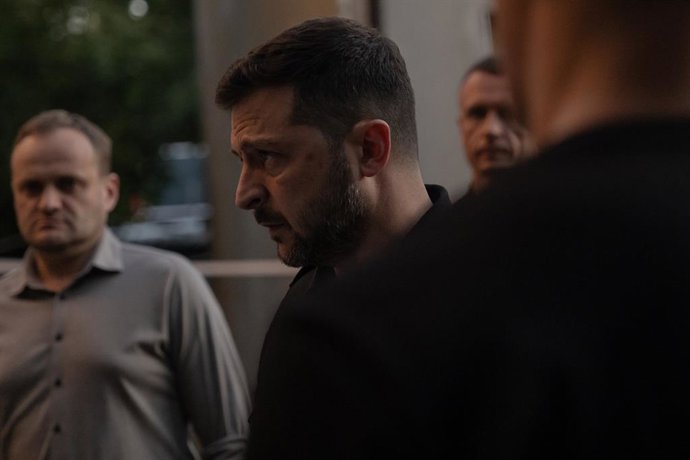 August 1, 2025: President Volodymyr Zelensky visits one of the sites of a Russian missile attack on August 1, 2025. The attack on Kyiv, Ukraine killed 31 people including five children.