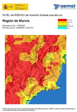 El nivel de riesgo de incendio forestal para este martes es extremo o muy alto en la Región de Murcia
