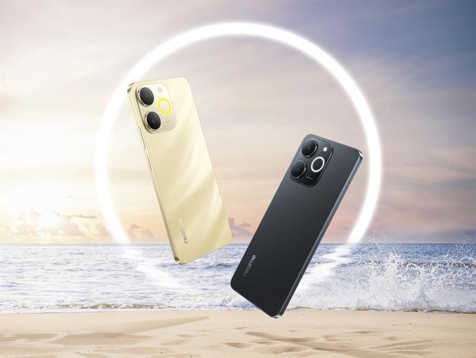 Smartphone realme Note 70T nas cores dourada e preta