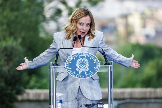 Archivo - Arquivo - 26 de maio de 2025, Itália, Roma: A primeira-ministra italiana Giorgia Meloni discursa durante a apresentação oficial do troféu da America's Cup, na Villa Doria Pamphilj. Foto: Roberto Monaldo/LaPresse via ZUMA Press/dpa