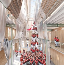 Render sobre la rehabilitación de la Casa del Sucre de Barcelona para usos comunitarios, con un espacio para los Castellers de la Sagrada Família