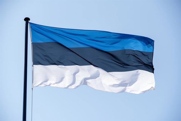 August 4, 2025, Narva, Estonia: the Estonian flag flies. The city is located on its eastern border and is separated by the Narva river. It is the third largest city, predominantly Russian speaking and the population identifies as Russians.