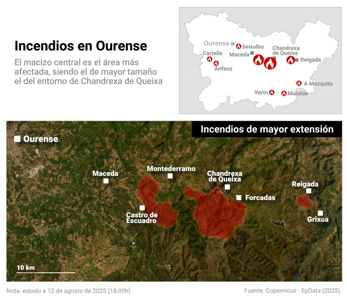 Mapa con extensión de los incendios en Ourense.