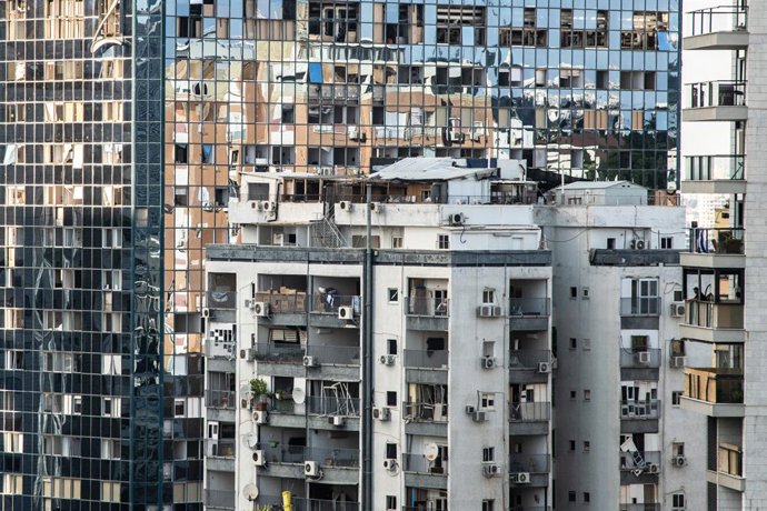 July 19, 2025, Ramat Gan, Israel: View of shattered windows, on office buildings in Ramat Gan, following an Iranian ballistic missile barrage.