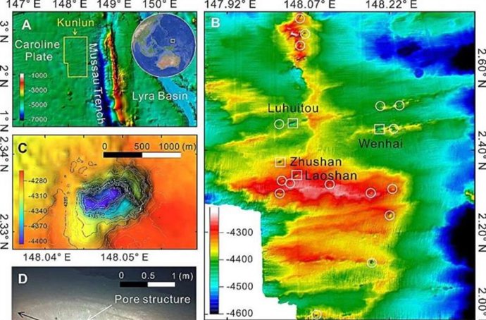 Atividades hidrotermais e distribuição de enxames de tubos na placa de subducção próxima à Fossa de Mussau.