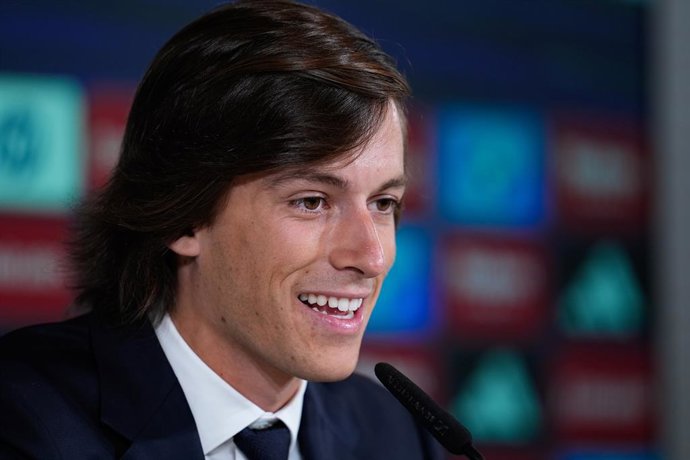 Alvaro Carreras attends the press conference during his presentation as new player of Real Madrid at Ciudad Deportiva Real Madrid on July 15, 2025, in Valdebebas, Madrid, Spain.