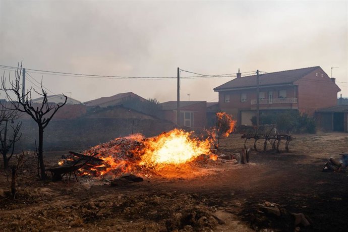 Vista del fuego, a 12 de agosto de 2025, en Abejera, Zamora, Castilla y León (España). Uno de los voluntarios que trabajaba en el operativo del incendio de Molezuelas de la Carballeda (Zamora) ha fallecido este martes debido a las heridas provocadas por l
