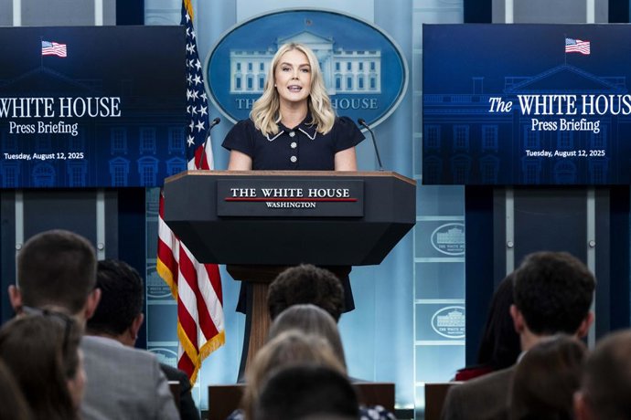 August 12, 2025, Washington, District Of Columbia, USA: White House Press Secretary KAROLINE LEAVITT speaking at a press conference in the White House Press Briefing Room at the White House in Washington, D.C.