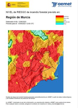 El nivel de riesgo de incendio forestal para este miércoles es extremo o muy alto en la Región de Murcia