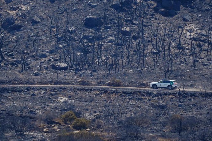 Un todo terreno del Infoca supervisa la zona quemada del fuego de Tarifa. A12 de agosto de 2025. en Tarifa, Cádiz (Andalucía, España). 