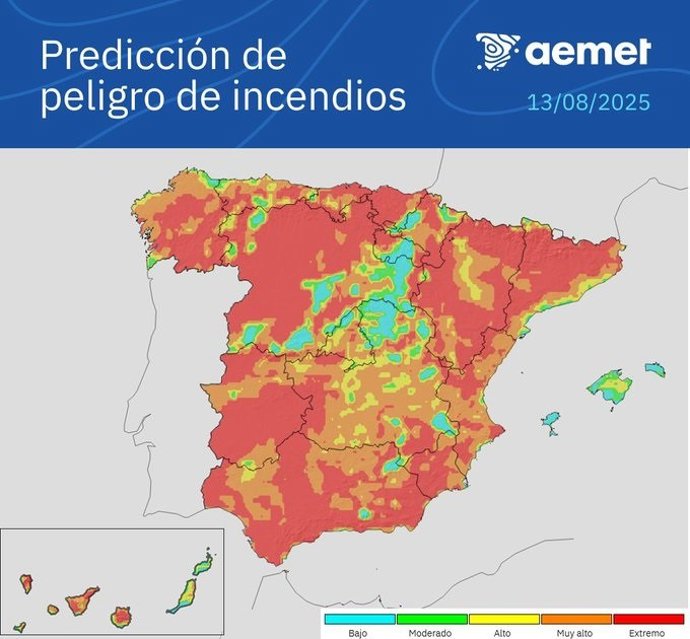 AEMET advierte que el peligro de incendios continúa este miércoles en niveles "muy altos o extremos" en casi toda España.