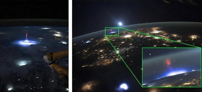 À esquerda: Evento de jato gigante da Estação Espacial Internacional, capturado pelo astronauta da NASA Nichole Ayers. Direita: Evento de sprite aparecendo em um feixe, visto do espaço.