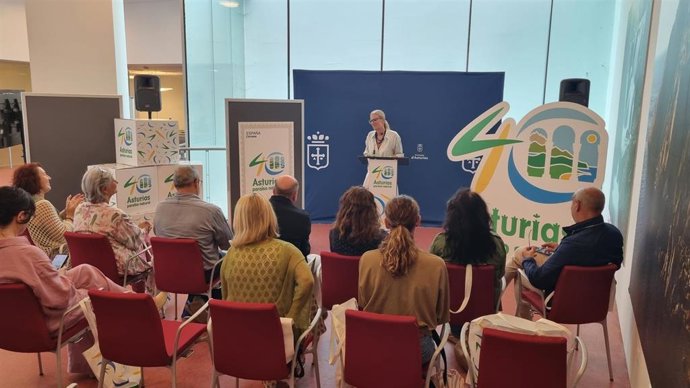 Intervención de la viceconsejera de Turismo, Lara Martínez, en la presentación de los galardones 40 años de Paraíso Natural y sello conmemorativo, en el marco de la 68 Feria Internacional de Muestras de Asturias (Fidma), en Gijón.