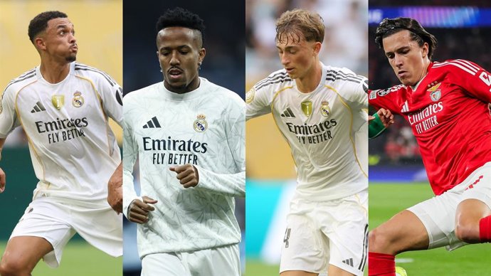 Da esquerda para a direita, os jogadores do Real Madrid Trent Alexander-Arnold, Éder Militão, Dean Huijsen e Álvaro Carreras.