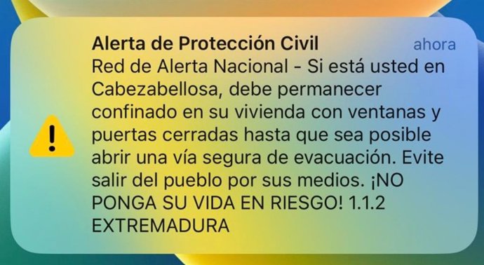 Mensaje de ES-Alert enviado a los ciudadanos de Cabezabellosa (Cáceres)