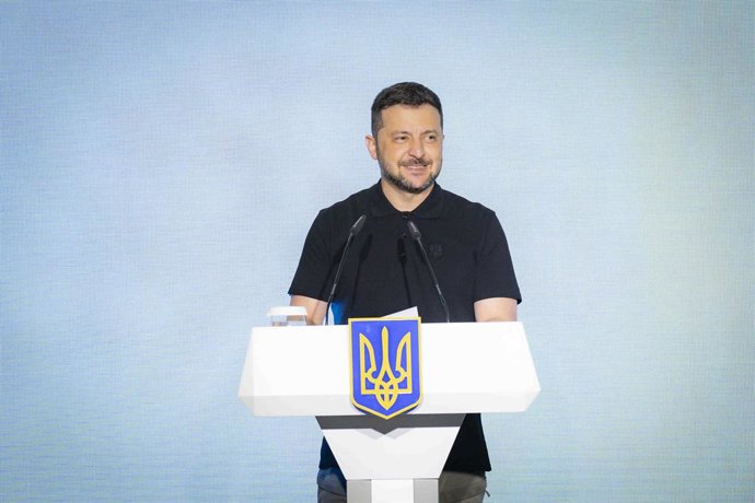 August 12, 2025, Kiev, Sumy Oblast, Ukraine: Ukrainian President Volodymyr Zelenskyy, delivers remarks to young people gathered for the annual Ukrainian Youth Forum held to mark Youth Day, August 12, 2025 in Kiev, Ukraine.