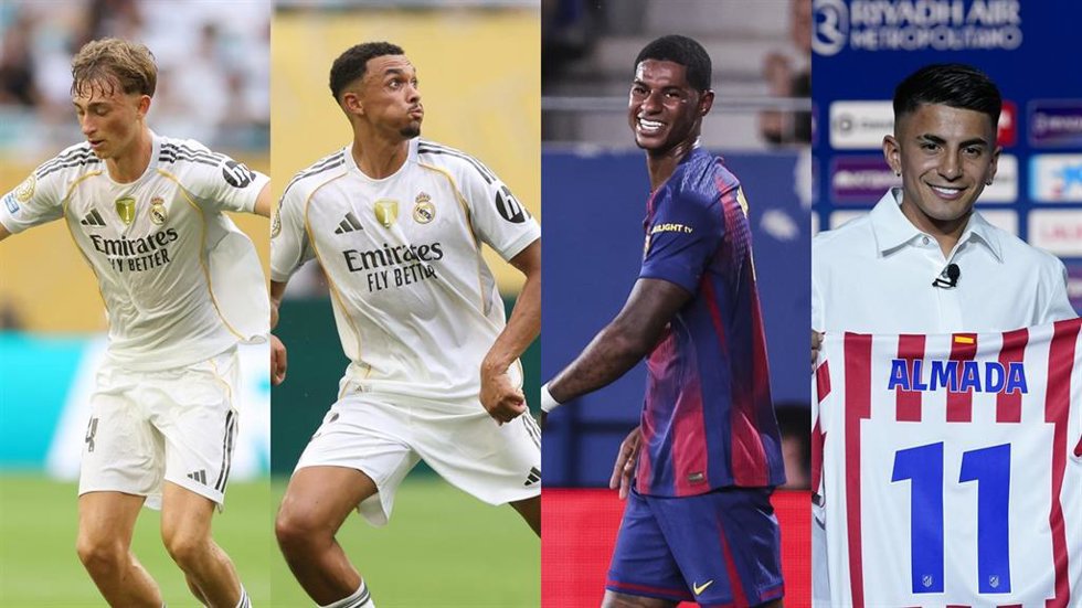De izquierda a derecha, los futbolistas del Real Madrid Dean Huijsen y Trent Alexander-Arnold, el delantero del FC Barcelona Marcus Rashford y el atacante del Atlético de Madrid Thiago Almada.