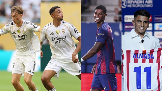 De izquierda a derecha, los futbolistas del Real Madrid Dean Huijsen y Trent Alexander-Arnold, el delantero del FC Barcelona Marcus Rashford y el atacante del Atlético de Madrid Thiago Almada.