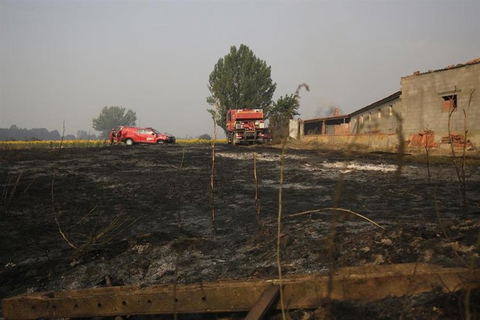 Furgonetas y camiones de la UME, en tierra quemada tras un incendio en tierra quemada, a 13 de agosto de 2025, en Quintana y Congosto, León, Castilla y León (España). 