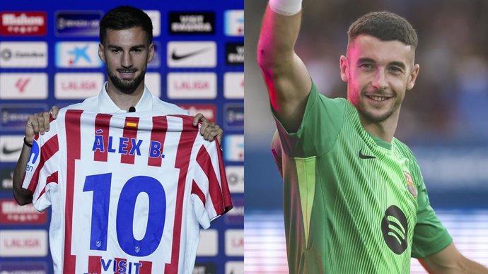 Da esquerda para a direita, o meio-campista do Atlético de Madrid Álex Baena e o goleiro do FC Barcelona Joan García.
