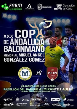 Cartel del memorial de balonmano dedicado Miguel Ángel González, uno de los dos guardias civiles asesinados en el acontecimiento acaecido en febrero de 2024 en el puerto de Barbate