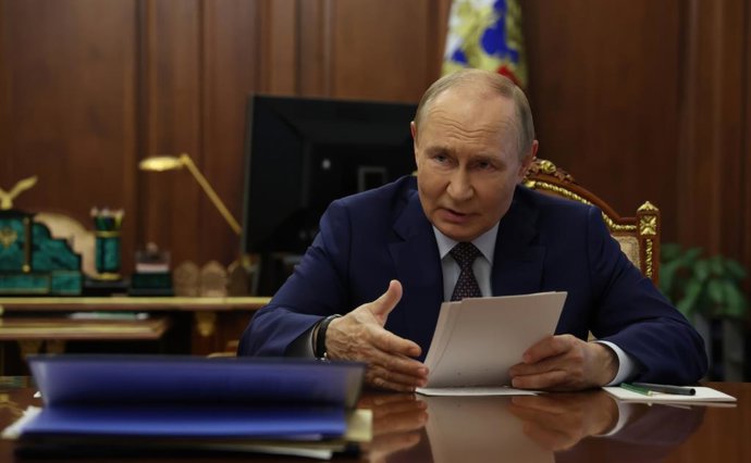 August 12, 2025, Moscow, Moscow Oblast, Russia: Russian President Vladimir Putin, delivers remarks as he chairs a meeting on the economy and budget at the Kremlin, August 12, 2025 in Moscow, Russia.