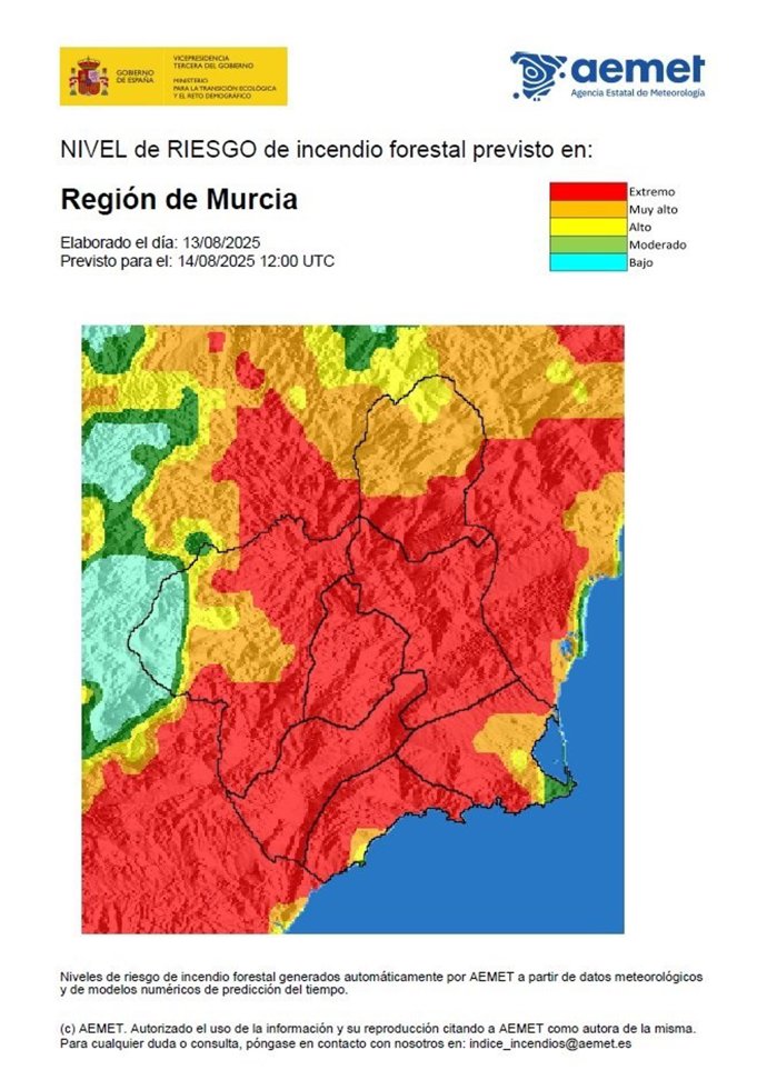 El nivel de riesgo de incendio forestal para este jueves es extremo en la mayor parte de la Región de Murcia