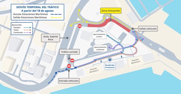 Mapa de las desviaciones de tráfico en los accesos a las estaciones marítimas del puerto de Palma