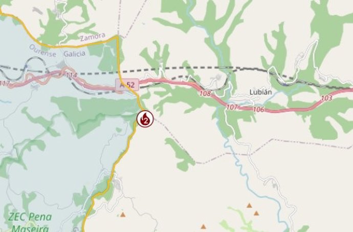 Foco del incendio en Castromil reflejado en la web del Infocal.