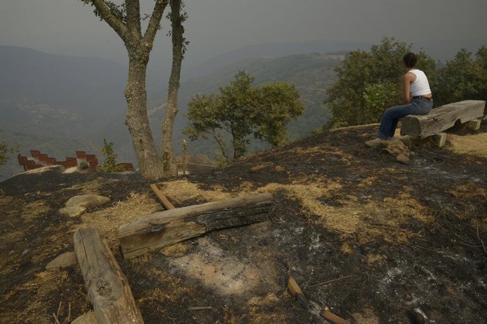 Varios vecinos observan sus fincas tras el paso del fuego, a 13 de agosto de 2025, en Somoza, Pobra de Trives, Ourense, Galicia (España). La jefa de servicio de prevención de incendios forestales en Ourense, Sandra Martínez, ha señalado con preocupación "