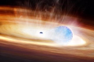 Un estudio ha capturado la interacción explosiva entre un agujero negro y una estrella masiva cercana (azul), como se muestra en la concepción de este artista.