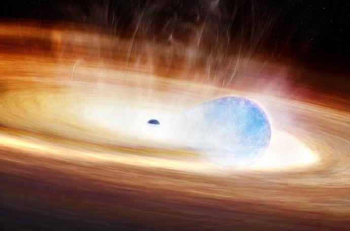 Um estudo capturou a interação explosiva entre um buraco negro e uma estrela maciça próxima (azul), conforme mostrado nesta concepção artística.