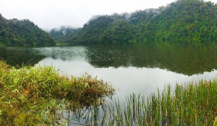 Uma imagem do Lago Cormorant, onde os sedimentos extraídos ajudaram os pesquisadores a iluminar as mudanças nas paisagens do vale do Rio Upano, no leste do Equador.