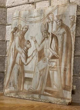 Imagen de la tabla con el boceto del siglo XVI en la parroquia de Pedraza de Campos (Palencia)