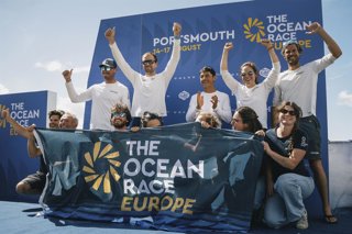 Team Biotherm, skippered by Paul Meilhat, winner of the Leg 1of the Ocean Race Europe 2025 in Portsmouth, UK on August 14, 2025.