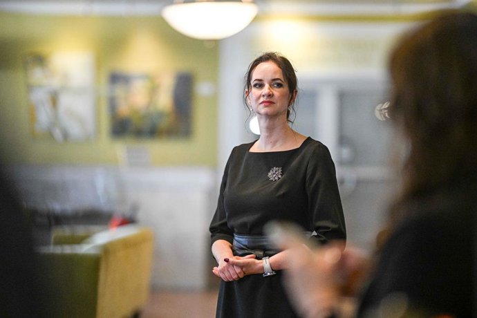 VILNIUS, Aug. 6, 2025  -- Lithuanian Minister of Social Security and Labour Inga Ruginiene attends a press conference in Vilnius, Lithuania, on Aug. 6, 2025. The presidium of the Lithuanian Social Democratic Party (LSDP) on Wednesday nominated current Min