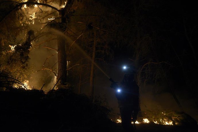 Bomberos forestales tratan de extinguir el fuego en Vences, en Monterrei.