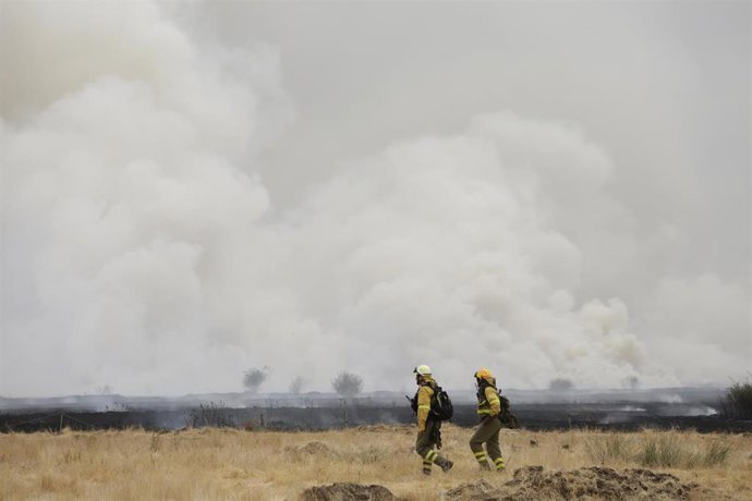Varios bomberos tratan de extinguir un fuego, a 13 de agosto de 2025, en Miñambres de la Valduerna, León, Castilla y León (España)