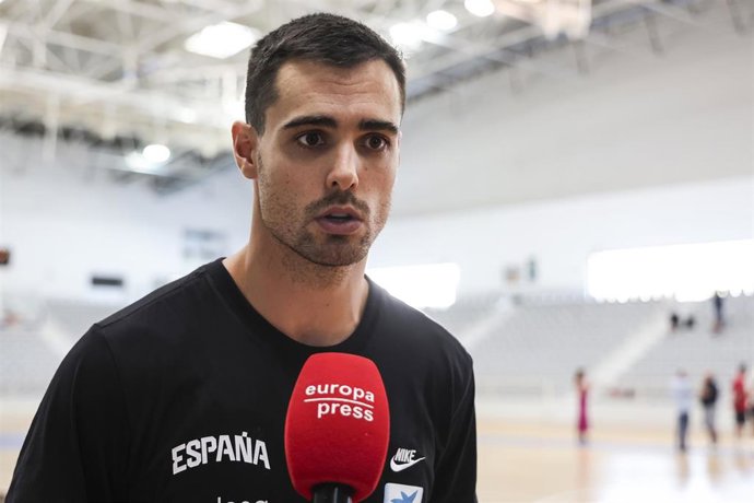 Alberto Abalde of Spain attend his press conference during Spain's training session prior to the Eurobasket warm-up match against France at Parc Esportiu Llobregat on August 11, 2025 in Barcelona, Spain.