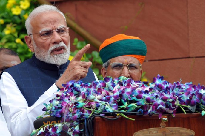 July 21, 2025, New Delhi, Delhi, INDIA: Indian Prime Minister Narendra Modi addresses to media on his arrival at the Parliament House on the opening day of its monsoon session also looks union cabient ministers after welcome to them, in New Delhi, India, 
